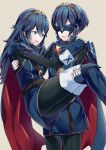  2girls ameno_(a_meno0) androgynous blue_cape blue_eyes blue_gloves boots cape carrying fingerless_gloves fire_emblem fire_emblem_awakening gloves long_hair lucina_(fire_emblem) marth_(fire_emblem_awakening) mask multicolored_cape multicolored_clothes multiple_girls parted_lips princess_carry red_cape short_hair thigh_boots tiara 