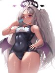  1girl :o absurdres bat_wings black_one-piece_swimsuit blue_archive blush breasts commentary covered_navel food grey_hair hair_ornament hairclip halo highres hina_(blue_archive) hina_(swimsuit)_(blue_archive) long_hair looking_at_viewer low_wings mua_(mua_pb) official_alternate_costume old_school_swimsuit one-piece_swimsuit popsicle purple_eyes school_swimsuit simple_background small_breasts solo sweat swimsuit thighs very_long_hair white_background wings 