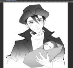  2boys ace_attorney aged_down antenna_hair apollo_justice art_program_in_frame baby closed_eyes closed_mouth collared_jacket cropped_torso father_and_son greyscale hair_between_eyes hat holding_baby jove_justice m18280226378 male_focus monochrome multiple_boys parted_lips short_hair swaddled turtleneck upper_body very_short_hair white_background 