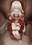  1girl absurdres barefoot bdsm bondage bound bound_ankles bound_legs chair clara_(honkai:_star_rail) commentary grey_hair hair_between_eyes highres honkai:_star_rail honkai_(series) indoors jacket long_hair looking_at_viewer open_mouth pink_eyes red_jacket rope sitting solo thigh_strap thighs vakaosciosa very_long_hair 