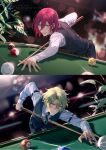  2boys ball billiard_ball billiards black_necktie black_pants blue_eyes blurry blurry_background closed_mouth collared_shirt ensemble_stars! fingernails glasses green_hair hair_between_eyes highres leaf leaning_forward long_sleeves male_focus multiple_boys necktie open_mouth pants pink_hair plant purple_eyes rrr_(reason) saegusa_ibara shirt short_hair teeth tomoe_hiyori upper_teeth_only vest watermark 