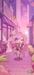  1girl :d bag birthday building cafe can_(honkai_impact) chibi copyright_name diamond-shaped_pupils diamond_(shape) elysia_(herrscher_of_human:ego)_(honkai_impact) elysia_(honkai_impact) eta ferris_wheel full_body gloves highres holding holding_phone honkai_(series) honkai_impact_3rd logo looking_at_viewer official_art official_wallpaper one_eye_closed open_mouth outdoors petals phone pink_background pink_eyes pink_hair pink_petals plant smile solo standing symbol-shaped_pupils white_footwear white_gloves white_headwear 