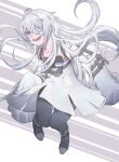  1girl ahoge bandage_over_one_eye black_pantyhose detached_sleeves dress fang grey_dress grey_eyes grey_hair grey_sleeves hair_intakes hair_ornament hairclip haisongshiwu happy highres long_hair no.21:_xxi_(punishing:_gray_raven) open_mouth pantyhose punishing:_gray_raven sidelocks sleeves_past_fingers sleeves_past_wrists solo suspenders unitard unkempt very_long_hair 
