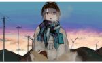  1girl absurdres beanie blue_hair blush brown_headwear hat highres jacket leadin_the_sky long_sleeves open_mouth outdoors power_lines purple_eyes scarf shima_rin short_hair solo upper_body utility_pole white_jacket yurucamp 