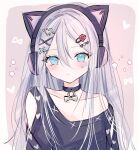  1girl animal_ear_headphones animal_ears aqua_eyes arm_cutout black_choker black_shirt blush cat_ear_headphones choker collarbone expressionless fake_animal_ears grey_hair hair_ornament hairclip headphones heart heart_hair_ornament heart_sticker highres long_hair looking_at_viewer negai_wa_itsuka_asa_o_koete_(project_sekai) off_shoulder paw_print project_sekai shirt solo sticker sticker_on_face upper_body x_hair_ornament yoisaki_kanade yuyu_(shitake110) 