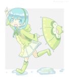  1girl animal-themed_umbrella backpack bag blue_eyes blue_hair boots braid dress green_bag green_dress green_footwear green_hairband green_umbrella hairband holding holding_umbrella hood hood_down hooded_dress index_finger_raised long_hair open_mouth puddle rubber_boots saudade_sn shironeko_project solo tsuyuha_(shironeko_project) twin_braids umbrella 