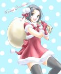  1girl :d avatar_(ff11) back_bow black_thighhighs bow bowtie christmas dress final_fantasy final_fantasy_xi fur-trimmed_dress fur-trimmed_sleeves fur_trim gloves grey_eyes grey_hair hair_ribbon holding holding_sack hume light_blue_background looking_at_viewer merry_christmas open_mouth over_shoulder polka_dot polka_dot_background pom_pom_(clothes) red_bow red_bowtie red_dress red_ribbon ribbon sack sakutsuki santa_dress short_sleeves smile solo thighhighs zettai_ryouiki 