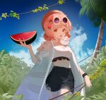  1girl :d absurdres animal_ears arknights bikini black_shorts blue_sky breasts brown_eyes brown_headwear cat_ears cloud collarbone commentary_request day eyewear_on_head flower food frilled_bikini frills fruit goldenglow_(arknights) goldenglow_(summer_flowers)_(arknights) hair_ornament hairclip hand_up hat highres holding holding_food jacket medium_breasts mizu_moku_shio open_clothes open_jacket outdoors palm_tree pink_hair puffy_short_sleeves puffy_sleeves purple-tinted_eyewear round_eyewear short_shorts short_sleeves shorts sky smile solo swimsuit tinted_eyewear tree watermelon watermelon_slice white_bikini white_flower white_jacket 