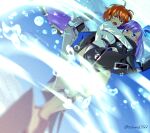  2girls artist_name blue_eyes brown_hair carrying fate/grand_order fate_(series) fujimaru_ritsuka_(female) long_hair meltryllis_(fate) multiple_girls open_mouth princess_carry purple_hair soraao0322 underwater yellow_eyes yuri 