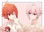  2boys brothers cable_knit cardigan food food_on_face gomagoma highres idolish7 kujou_tenn long_sleeves looking_at_another male_focus multiple_boys nanase_riku one_eye_closed open_cardigan open_clothes pink_cardigan pink_eyes pink_hair red_eyes red_hair shirt siblings sweater twins white_shirt yellow_sweater 
