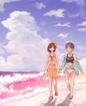  2girls absurdres ahoge asakura_toru bare_shoulders beach bikini blue_eyes blue_hair blue_sky breasts brown_hair cleavage closed_mouth cloud collarbone day dot_nose earrings eyewear_on_head flower flower_earrings full_body gradient_hair green_jacket hair_ornament hairclip hat highres higuchi_madoka idolmaster idolmaster_shiny_colors jacket jewelry long_sleeves medium_breasts mismatched_bikini multicolored_hair multiple_girls navel ocean open_mouth outdoors parted_bangs pink_bikini polka_dot polka_dot_bikini sandals see-through see-through_jacket shadow short_hair sky smile standing sunglasses swept_bangs swimsuit tenma_(uropennzetubou) waves yellow_flower yellow_headwear 