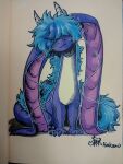  blue_hair dragon eastern_dragon feral fluffy fluffy_tail fur hair hair_over_eyes hi_res horn hruzan long_ears male marker_(artwork) multicolored_body rinkamo simple_background smile solo tail traditional_media_(artwork) two_tone_body 