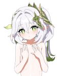  1girl azmira1534815 covering covering_breasts cross-shaped_pupils flat_chest genshin_impact gradient_hair green_eyes green_hair hair_between_eyes hair_ornament leaf_hair_ornament long_hair looking_at_viewer multicolored_hair nahida_(genshin_impact) nude pointy_ears side_ponytail sidelocks solo symbol-shaped_pupils topless white_background white_hair 