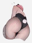  1girl alternate_costume ass black_leotard commentary_request fake_tail fishnet_pantyhose fishnets from_below go-toubun_no_hanayome grey_background highres leotard nakano_ichika pantyhose pink_hair playboy_bunny rabbit_tail short_hair simple_background solo sooon tail 