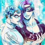  2boys blue_eyes blue_hair clothing_cutout curly_hair domino_mask ghiaccio glasses gloves highres jojo_no_kimyou_na_bouken male_focus mask melone mikan03260 multicolored_hair multiple_boys pectoral_cleavage pectorals purple_hair red-framed_eyewear snowflakes snowing vento_aureo 