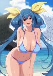  1girl absurdres angel_wings arm_under_breasts asymmetrical_wings bare_shoulders beach bikini blue_bikini blue_sky blush breasts cleavage cloud cloudy_sky commentary_request dizzy_(guilty_gear) fuuma_(bangolga1) groin guilty_gear guilty_gear_xrd guilty_gear_xx hair_rings hanging_breasts highres large_breasts leaning_forward long_hair looking_at_viewer mature_female monster_girl navel ocean open_mouth shaded_face sidelocks skindentation sky solo stomach sunlight swimsuit tail thick_thighs thighs twintails water wings 