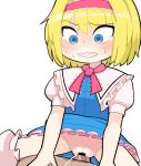  1boy 1girl alice_margatroid bar_censor blonde_hair blue_dress blue_eyes blush bow bowtie breasts censored clothed_sex commentary cookie_(touhou) cowboy_shot dress frilled_dress frilled_sash frills hairband hetero hospital_king ichigo_(cookie) medium_bangs open_mouth penis pink_bow pink_bowtie pink_hairband pink_sash pov pussy sash sex short_hair simple_background small_breasts solo_focus sweat tearing_up textless_version touhou vaginal white_background 