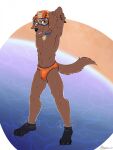  2020 anthro armor canid canine canis claws clothing collar collar_tag domestic_dog fangs fur hands_behind_head headgear helmet hi_res looking_aside looking_away male mammal marcushunter navel open_mouth partially_submerged paw_patrol signature solo speedo standing_in_water swimwear teeth toe_claws tongue zuma_(paw_patrol) 