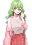  1girl absurdres green_hair grey_shirt hand_up highres holding holding_toothbrush kazami_yuuka long_hair plaid plaid_skirt red_eyes red_skirt shirt simple_background skirt sleeveless solo tank_top tohoyuukarin toothbrush toothbrush_in_mouth touhou white_background 