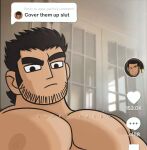  1boy appa_pacho bara beard_stubble black_hair cover_them_up_slut_(meme) dialogue_box from_below huge_eyebrows indoors large_pectorals looking_at_viewer lucas_lee male_focus meme muscular muscular_male nipples nude official_style parody pectorals raised_eyebrow scott_pilgrim_takes_off screencap_inset short_hair smile solo style_parody upper_body user_interface 