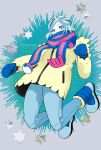  1boy blue_footwear blue_mittens blue_scarf boots clenched_hand commentary_request dabu_(dabuchan) eyelashes full_body green_eyes green_hair green_pants grusha_(pokemon) highres jacket long_sleeves looking_down male_focus pants poke_ball_print pokemon pokemon_(game) pokemon_sv scarf scarf_over_mouth solo striped striped_scarf watermark yellow_jacket 