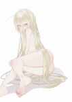  1girl absurdly_long_hair absurdres ass barefoot blonde_hair blush completely_nude flat_chest foot_out_of_frame hair_censor highres long_hair msa_(fary_white) nose_blush nude open_mouth original purple_eyes simple_background sitting slit_pupils soles solo sweat toes very_long_hair white_background 