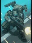  artist_name battle black_border border bottoms1237 fighting_stance firing gun highres mecha muzzle_flash no_humans original rifle road robot science_fiction signature standing weapon 