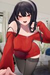  1girl bare_shoulders black_hair breasts dress hair_ornament hairband highres large_breasts long_hair looking_at_viewer nanoless open_mouth pov red_eyes red_sweater sidelocks smile solo spy_x_family sweater sweater_dress thighhighs yor_briar 