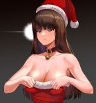  1girl a1 bare_shoulders bell black_background blunt_bangs breasts brown_collar brown_hair cleavage closed_mouth collar collarbone dress expressionless fur-trimmed_dress fur-trimmed_headwear fur_trim girls_und_panzer gradient_background grey_eyes half-closed_eyes hands_up hat jewelry large_breasts long_hair looking_to_the_side mature_female neck_bell nishizumi_shiho red_dress red_headwear ring santa_hat solo strapless strapless_dress upper_body wedding_ring 