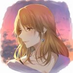  1girl blonde_hair bra bra_peek breasts cleavage close-up closed_mouth collarbone earrings gradient_sky highres isshiki_iroha jewelry light_(lightpicture33) lips long_hair neck necklace portrait profile purple_shirt purple_sky shirt sky solo underwear yahari_ore_no_seishun_lovecome_wa_machigatteiru. yellow_eyes 