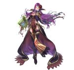  1girl absurdres alternate_costume ankle_boots book boots breasts cape capelet cleavage closed_mouth commentary_request dress fingernails fire_emblem fire_emblem_echoes:_shadows_of_valentia fire_emblem_heroes full_body gloves glowing gold_trim hair_ornament hand_up head_tilt highres holding jewelry lips long_hair looking_at_viewer makeup medium_breasts official_alternate_costume official_art pelvic_curtain purple_eyes purple_hair seductive_smile shiny_clothes simple_background smile solo sonya_(fire_emblem) standing suzuki_rika thighhighs tiara torn_cape torn_clothes white_background 