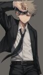  1boy akiyama_(noconoco) arm_up bakugou_katsuki belt belt_buckle black_belt black_jacket black_necktie black_pants blonde_hair boku_no_hero_academia buckle buttons collared_shirt commentary_request dress_shirt formal grey_background hair_between_eyes highres jacket lapels long_sleeves looking_at_viewer loose_necktie male_focus necktie open_clothes open_jacket pants parted_lips red_eyes shirt shirt_tucked_in short_hair simple_background solo spiked_hair suit v-shaped_eyebrows white_shirt wing_collar 