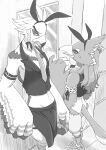  anthro avian beak blush bow_tie breath_of_the_wild clothed clothing crossdressing duo embarrassed fake_ears fake_rabbit_ears hair hi_res leotard long_hair male necktie nintendo playboy_bunny playboy_outfit revali rito smile teba_(tloz) the_legend_of_zelda tyan_iruka wings 