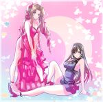  2girls aerith_gainsborough bare_arms bare_shoulders bent_over black_hair bracelet breasts brown_hair cleavage closed_mouth commentary crescent crescent_earrings crescent_moon dress drill_hair earrings final_fantasy final_fantasy_vii final_fantasy_vii_remake frilled_dress frills full_body green_eyes hair_ribbon high_heels highres jewelry knee_up large_breasts legs light_blush long_hair looking_at_viewer medium_breasts moon multiple_girls official_alternate_costume own_hands_together parted_bangs purple_dress purple_footwear red_dress red_eyes red_ribbon ribbon shoji_sakura short_dress sideboob sitting sleeveless sleeveless_dress smile sparkle standing star_(symbol) strapless strapless_dress swept_bangs symbol-only_commentary tifa_lockhart tifa_lockhart&#039;s_refined_dress 