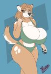  anthro big_breasts bikini breasts cleavage cleavage_overflow clothed clothing deer female fiona_fawnbags_(dullvivid) freckles freckles_on_breasts hi_res holding_strap huge_breasts hyper hyper_breasts lonnyk looking_at_viewer mammal sagging_breasts solo swimwear 