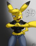  2023 anthro big_breasts black_clothing black_shirt black_topwear blonde_hair blush blush_stickers bottomwear breasts cadia_(sandwich-anomaly) clothed clothing denim denim_clothing dialogue dipstick_ears english_text female fist fur generation_1_pokemon gradient_background hair hi_res jeans looking_at_viewer midriff multicolored_ears narrowed_eyes nintendo open_mouth pants pikachu pokemon pokemon_(species) purple_eyes sandwich-anomaly shirt simple_background solo speech_bubble standing talking_to_viewer text threatening topwear yellow_body yellow_fur 
