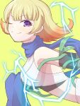  1girl absurdres blonde_hair blue_scarf breasts electricity highres kid_icarus kid_icarus_uprising looking_at_viewer maruku710 midriff multicolored_hair one_eye_closed orange_hair phosphora purple_eyes scarf sideboob smile solo two-tone_hair yellow_background 