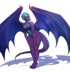  2020 anthro artist_name big_wings biped blue_body blue_claws blue_eyes blue_scales bottomwear breasts claws clothed clothing countershade_scales countershade_tail countershade_torso countershading digital_media_(artwork) dracarna dragon female hand_on_leg hand_on_own_leg hand_on_own_thigh hand_on_thigh headgear headwear hi_res horn jewelry looking_at_viewer membrane_(anatomy) membranous_wings necklace purple_body purple_scales scales shaded shadow simple_background solo spiked_tail spikes spikes_(anatomy) standing tail toe_claws topwear white_background wings wolfbane154 