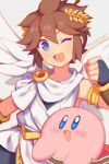  angel angel_wings armband armlet blue_eyes brown_hair clenched_hand colored_skin feathered_wings grey_background kid_icarus kirby kirby_(series) laurel_crown looking_at_viewer male_focus open_mouth pink_skin pit_(kid_icarus) smile solid_oval_eyes super_smash_bros. twitter_username white_wings wings wusagi2 