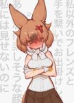  1girl animal_ears bare_shoulders blush brown_eyes brown_hair dhole_(kemono_friends) extra_ears gloves kemono_friends looking_at_viewer notora scarf shirt short_hair simple_background skirt sleeveless sleeveless_shirt solo tail wolf_ears wolf_girl wolf_tail 