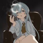  1girl ahoge between_fingers black_background blowing_smoke blue_eyes blue_hair blush brown_ribbon chair cigarette collared_shirt crossed_legs elaina_(majo_no_tabitabi) feet_out_of_frame grey_shirt half-closed_eyes hand_on_own_thigh highres holding holding_cigarette kakeami light_blue_hair long_hair long_sleeves looking_at_viewer loose_neck_ribbon lounge_chair majo_no_tabitabi neck_ribbon no_headwear on_chair open_mouth ribbon shirt sidelocks sitting smoke_ring smoking solo 