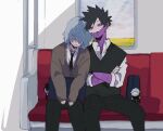  2boys ametaro_(ixxxzu) black_hair black_pants black_sweater_vest blue_eyes boku_no_hero_academia briefcase brown_cardigan burn_scar cardigan character_doll cheek_piercing collared_shirt dabi_(boku_no_hero_academia) grey_hair highres male_focus multiple_boys multiple_scars pants red_eyes scar scar_on_face school_briefcase shigaraki_tomura shirt short_hair simple_background sitting sleeping sleeping_upright spiked_hair staple stapled sweater_vest train_interior white_background white_shirt wrinkled_skin 