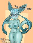  anthro big_breasts blue_body blush breasts canid canine digital_media_(artwork) eeveelution female fur generation_4_pokemon genitals glaceon hi_res looking_at_viewer mammal nintendo nipples nude pokemon pokemon_(species) pussy simple_background sin_cyan06 sin_teal smile solo text 