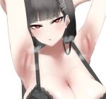  1girl aizawa_marimo armpits arms_up black_hair blue_archive breasts bright_pupils cleavage collarbone hair_ornament hairclip highres large_breasts long_hair looking_at_viewer parted_lips red_eyes rio_(blue_archive) simple_background solo white_background white_pupils 