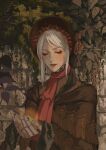  1girl 1other ambiguous_gender black_gloves bloodborne bonnet brown_cloak brown_dress cloak closed_eyes closed_mouth commentary crying doll_joints dress english_commentary gloves hair_ornament highres holding hunter_(bloodborne) joints leaf lips out_of_frame plain_doll red_lips red_scarf scarf smile tears white_hair yujia0412 