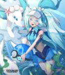  1girl :d air_bubble ball beachball blue_eyes bracelet bright_pupils bubble colored_eyelashes commentary_request green_hair hair_rings happy hatsune_miku highres holding jewelry long_hair looking_at_viewer open_mouth pokemon pokemon_(creature) ponytail primarina project_voltage smile swimsuit tongue toto05_08 twintails underwater visor_cap vocaloid watermark white_pupils zipper_pull_tab 