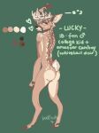  &lt;3 anthro antlers blonde_hair brown_body bucklucky butt closed_smile color_swatch colored_sketch deer green_background hair hi_res horn lucky_(bucklucky) male mammal model_sheet mouth_closed narrowed_eyes nude scut_tail short_tail simple_background sketch solo spots spotted_back standing tail tan_body trans_(lore) white_antlers white_spots 