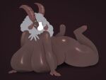  2023 2_toes 4_horns 5_fingers absurd_res anthro areola atherol big_breasts biped bovid breasts brown_areola brown_background brown_body brown_skin butt caprine curvy_figure dubwool eyebrows feet female fingers fur generation_8_pokemon grey_body grey_fur half-closed_eyes hi_res hooves horizontal_pupils horn huge_breasts lying mammal multi_horn narrowed_eyes nintendo nude on_front pokemon pokemon_(species) pupils seductive simple_background smile solo thick_thighs toes voluptuous white_body white_skin wool_(fur) yellow_sclera 