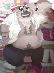  2023 absurd_res anthro belly big_belly black_nose blush book bottomwear brown_body bulge canid canine canis clothing detailed_background domestic_dog dumdum eyewear footwear glasses hi_res humanoid_hands inside kemono male mammal moobs one_eye_closed overweight overweight_male pants pizza_box sandals solo wink 