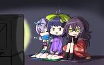  3girls arm_warmers black_hair black_socks blue_hair blue_scarf blush_stickers bow_hairband closed_eyes dark_room green_eyes green_ribbon hair_ornament hairband hands_under_legs haori high_ponytail hotarumaru_kunitoshi jacket japanese_clothes knees_up kousetsu_samonji_(tenka_hyakken) light_blue_hair long_hair messy_hair mouri_toushirou_(tenka_hyakken) multiple_girls name_tag official_alternate_costume on_pillow open_mouth orange-bird purple_jacket ribbon scarf seiza sitting sleep_bubble sleepy socks television tenka_hyakken track_suit triangle_mouth v-shaped_eyebrows watching_television 